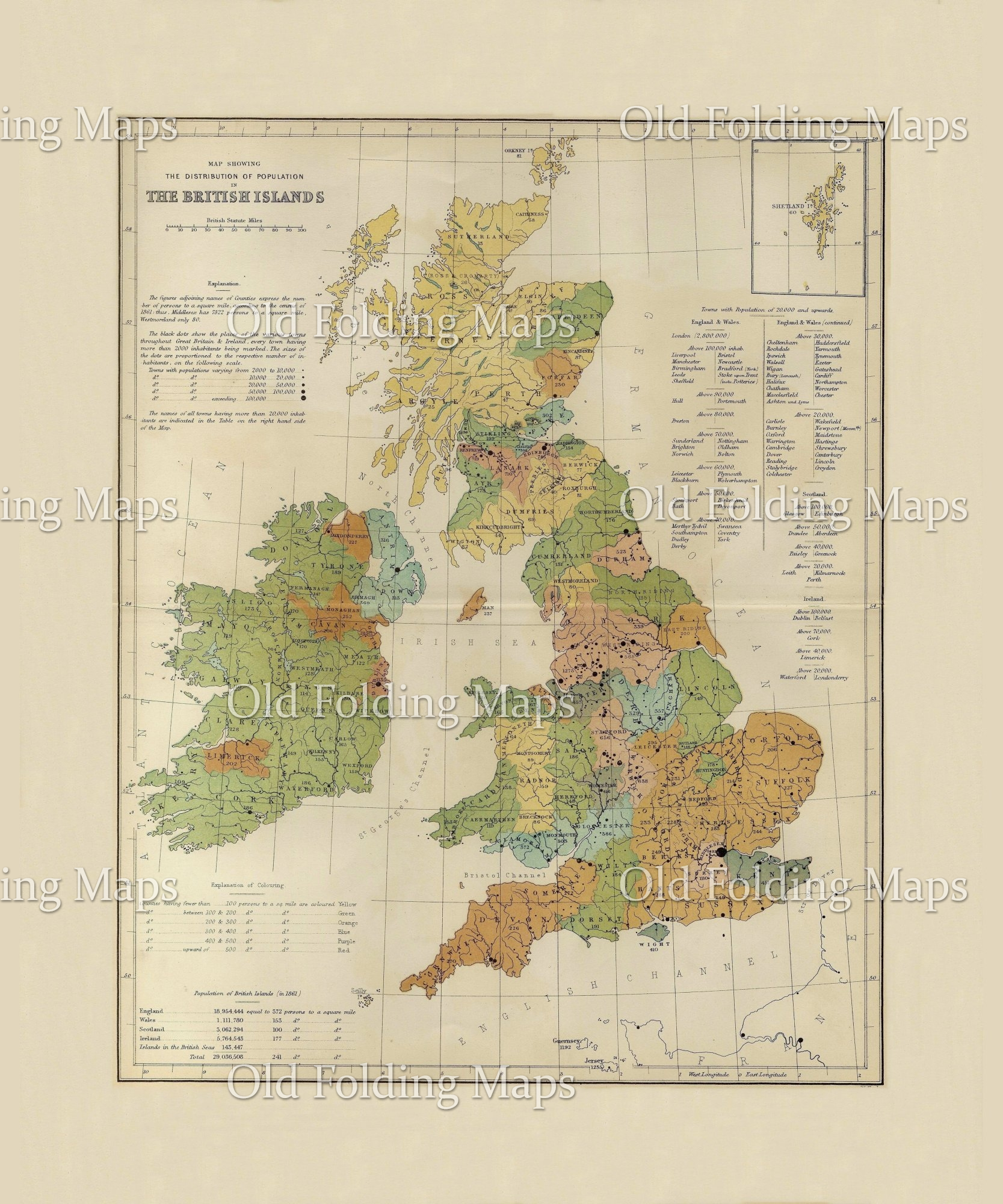 Old Map of the British Isles - Population circa 1861