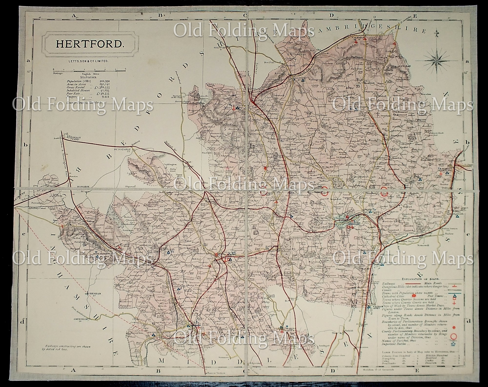 Antique County Map of Hertfordshire circa 1884