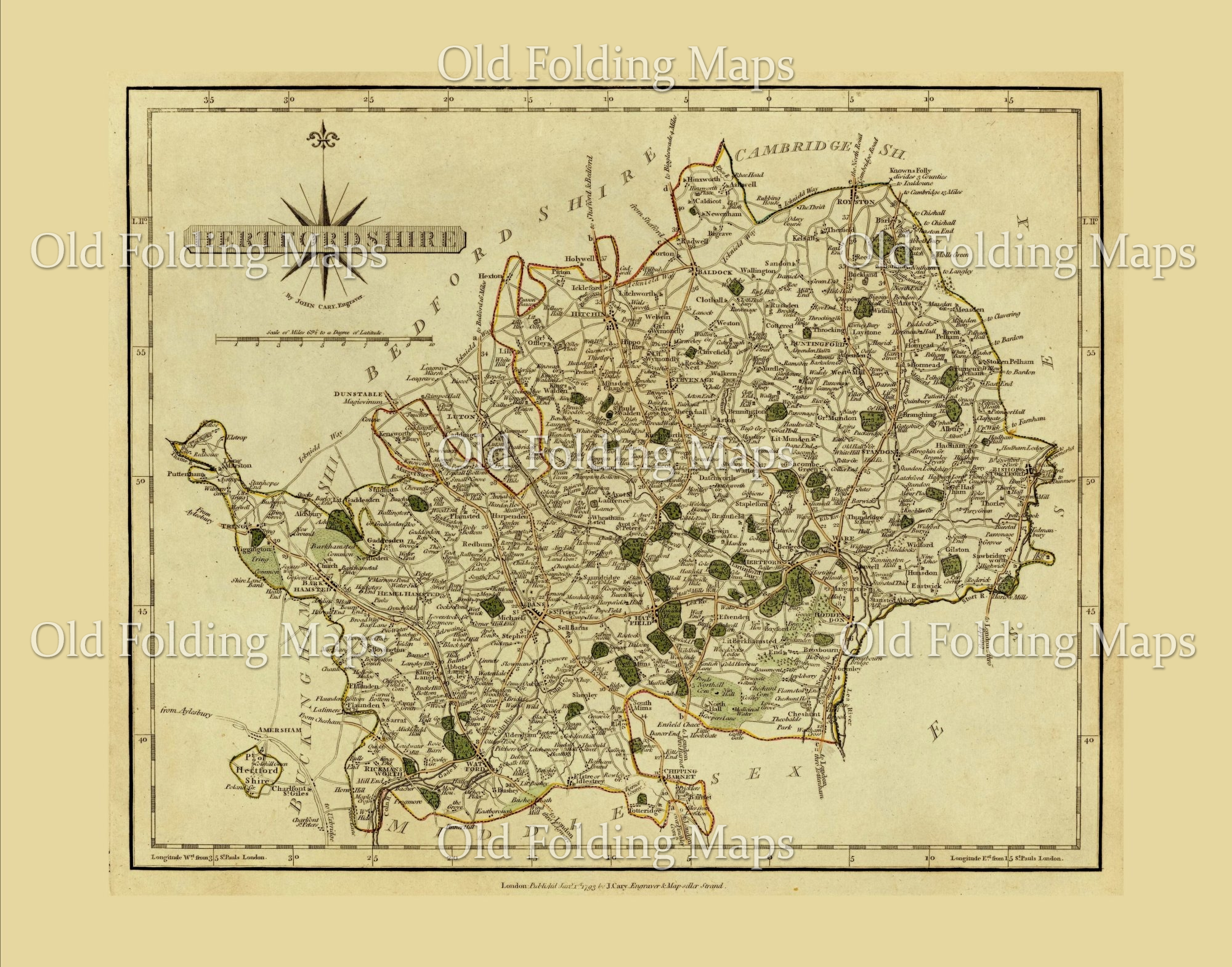 Antique County Map of Hertfordshire circa 1793