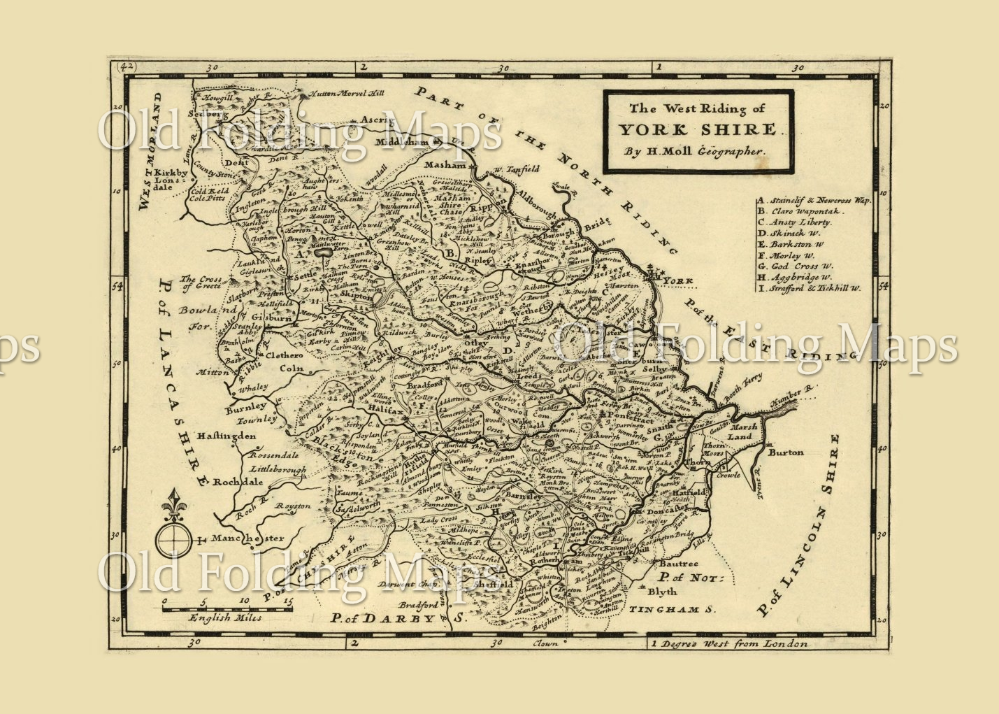 Antique County Map of Yorkshire West Riding circa 1732