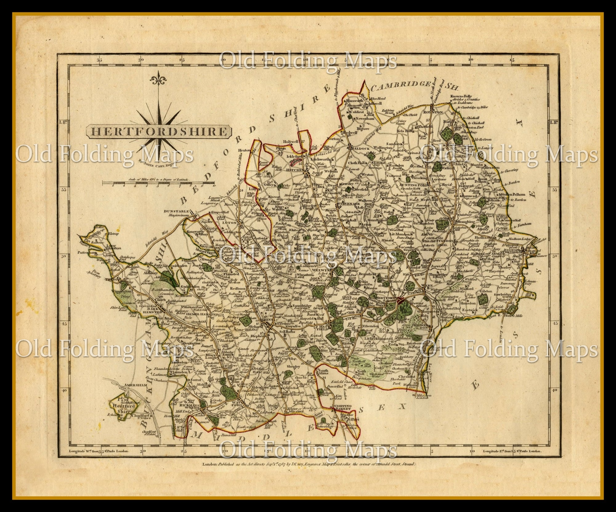 Antique County Map of Hertfordshire circa 1787