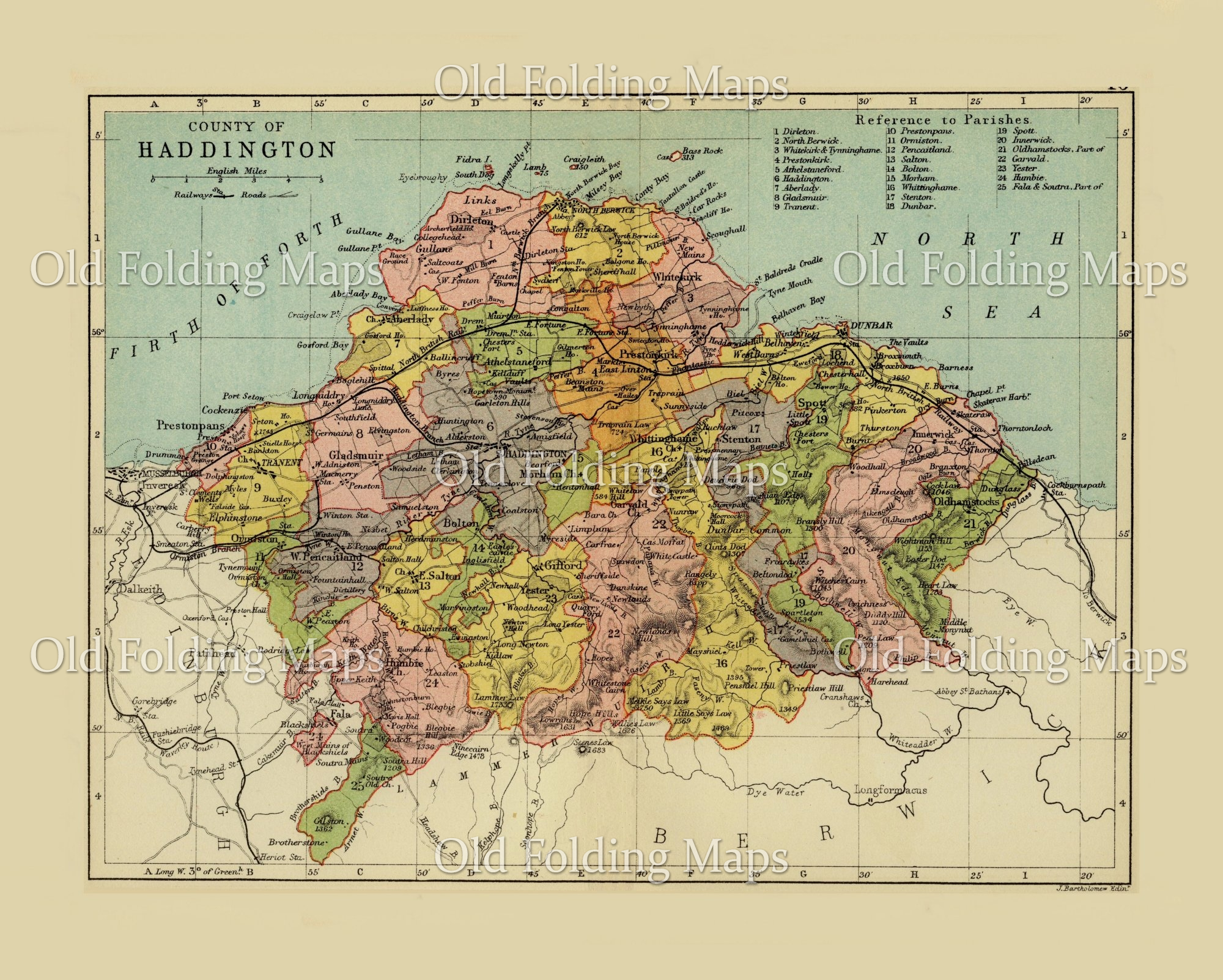 Antique County Map of Haddington, Scotland circa 1882
