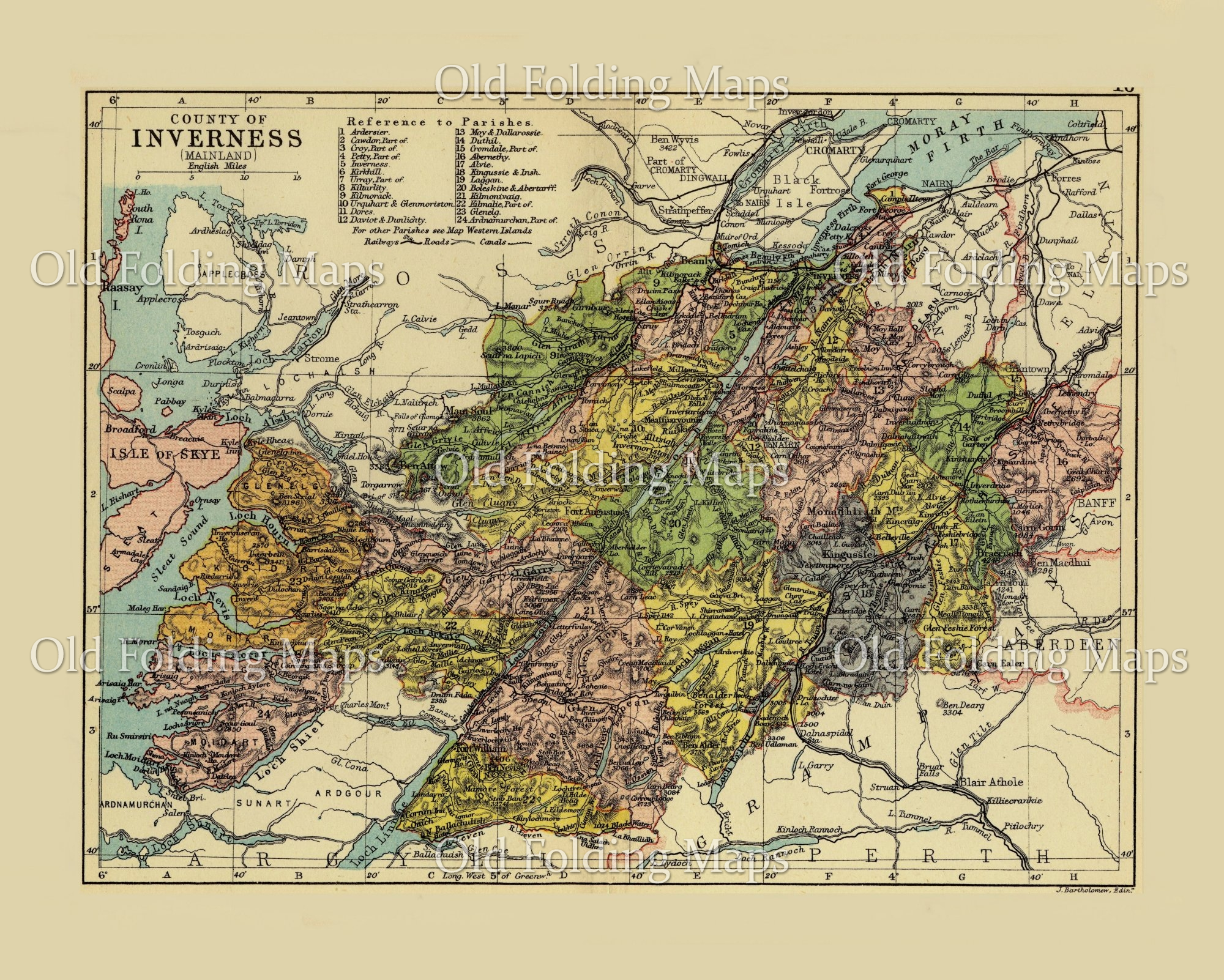Antique County Map of Inverness, Scotland circa 1882