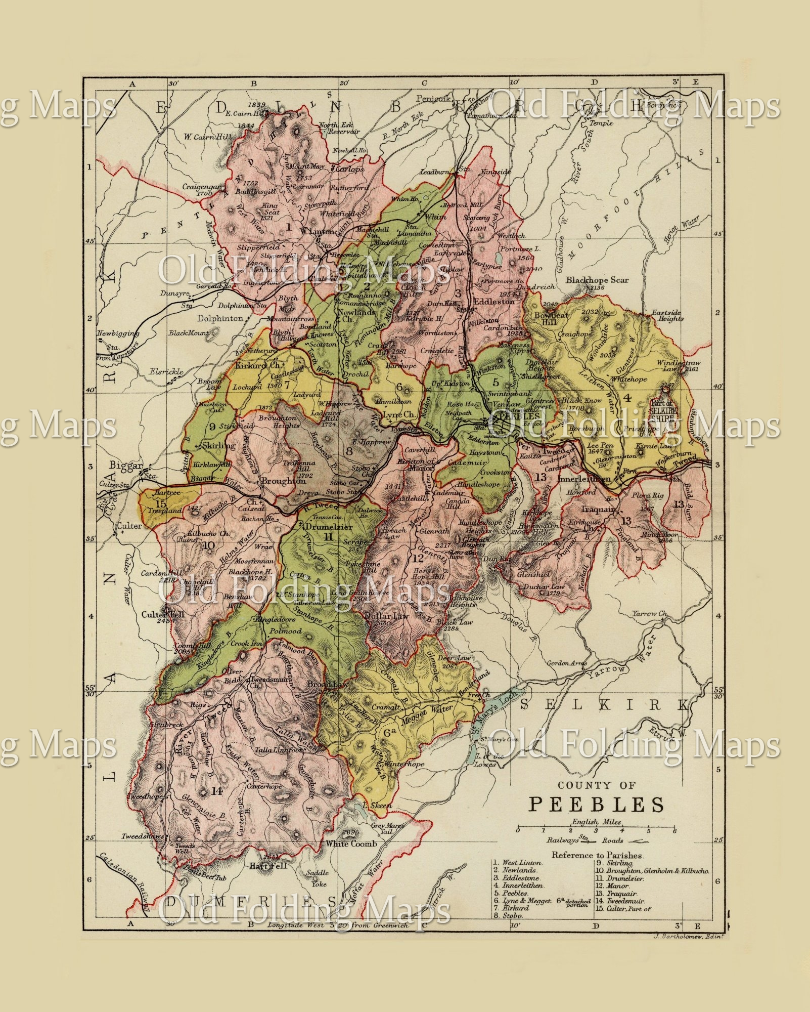 Antique County Map of Peebles, Scotland circa 1882