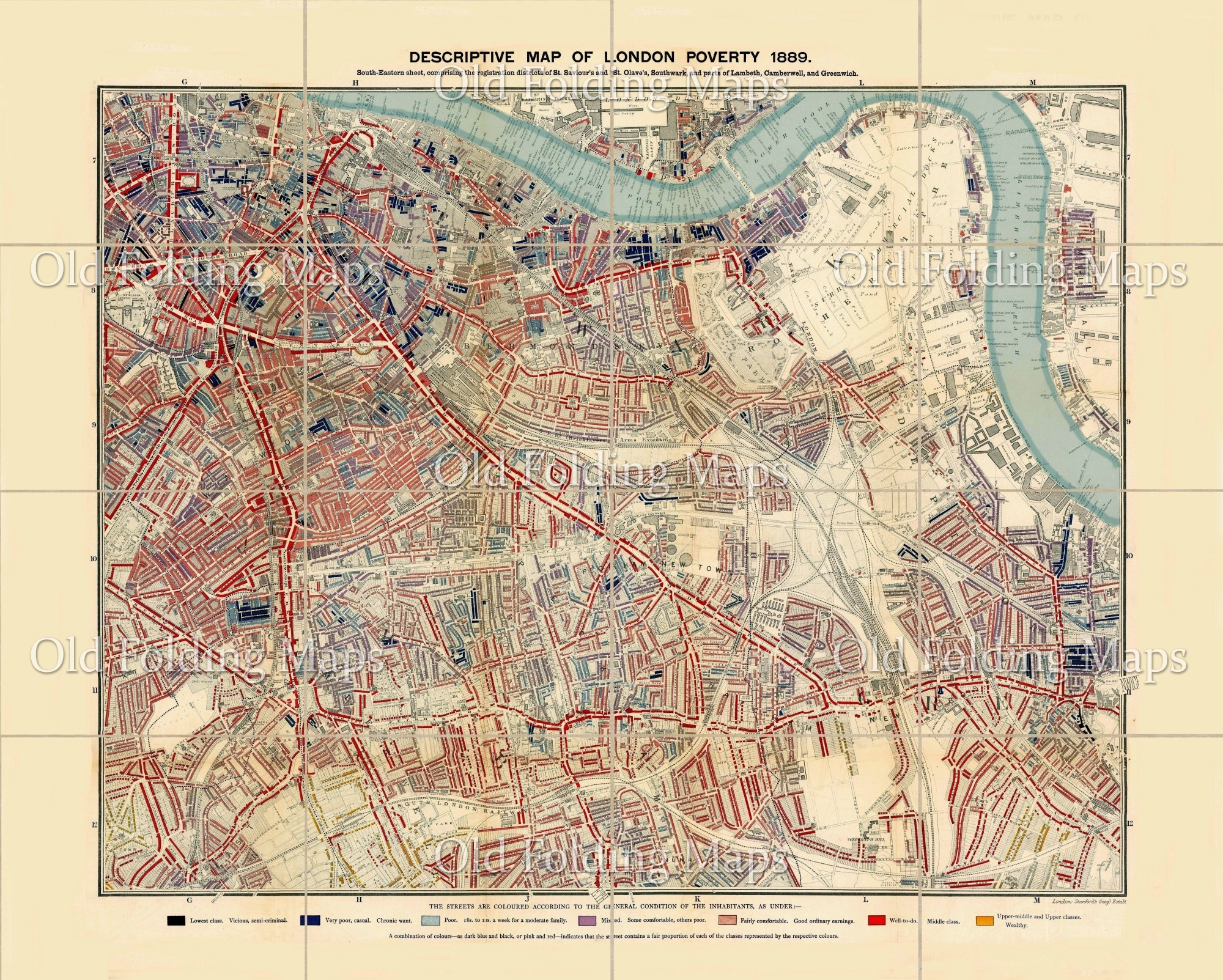 Descriptive Map of London Poverty South East circa 1889