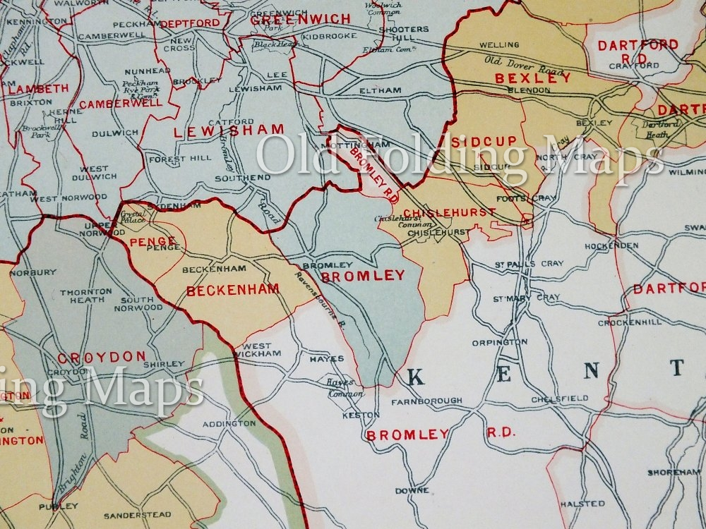 Antique Map of London Urban & Rural Areas circa 1925