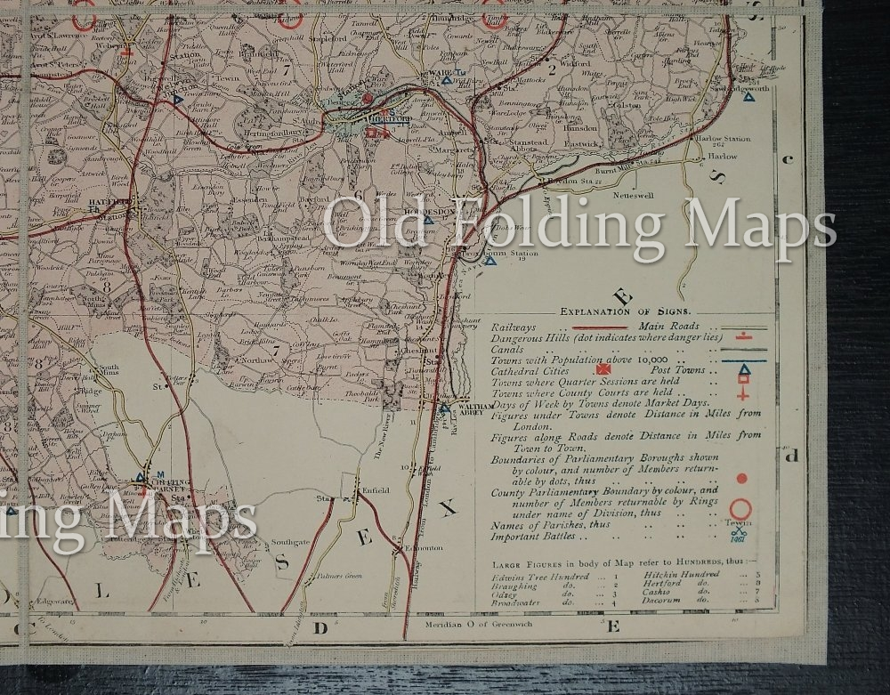 Antique County Map of Hertfordshire circa 1884