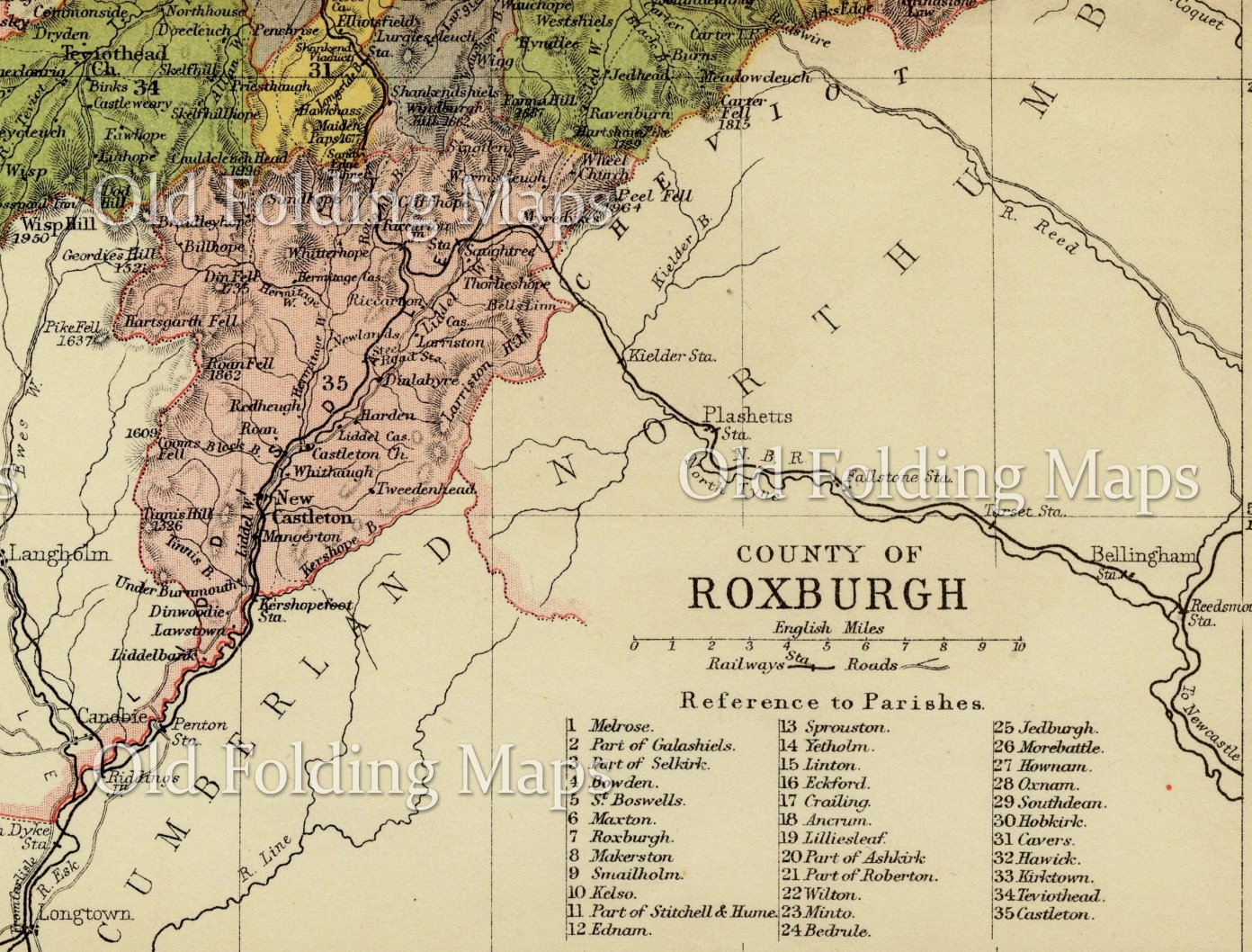 Antique County Map of Roxburgh, Scotland circa 1882