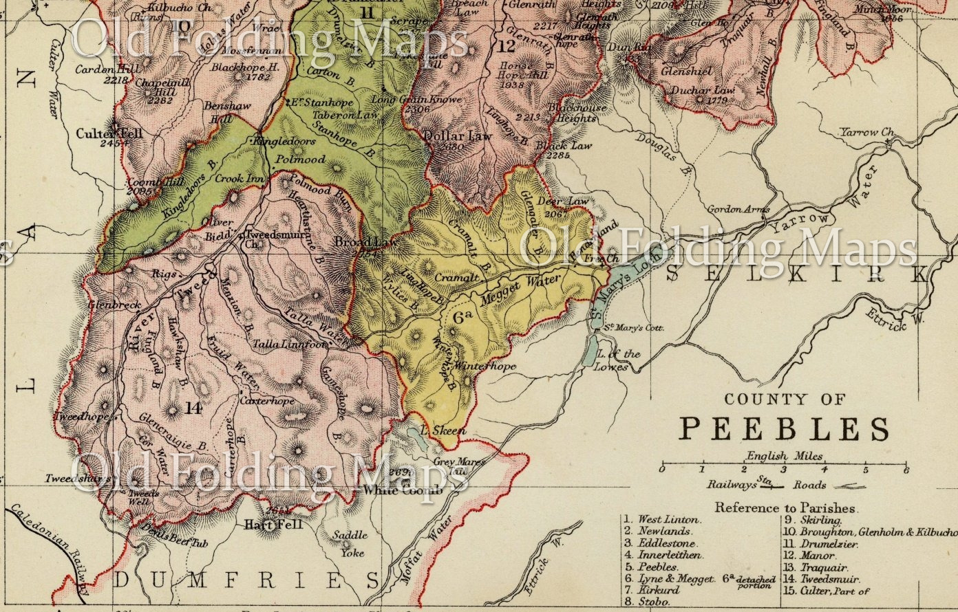 Antique County Map of Peebles, Scotland circa 1882